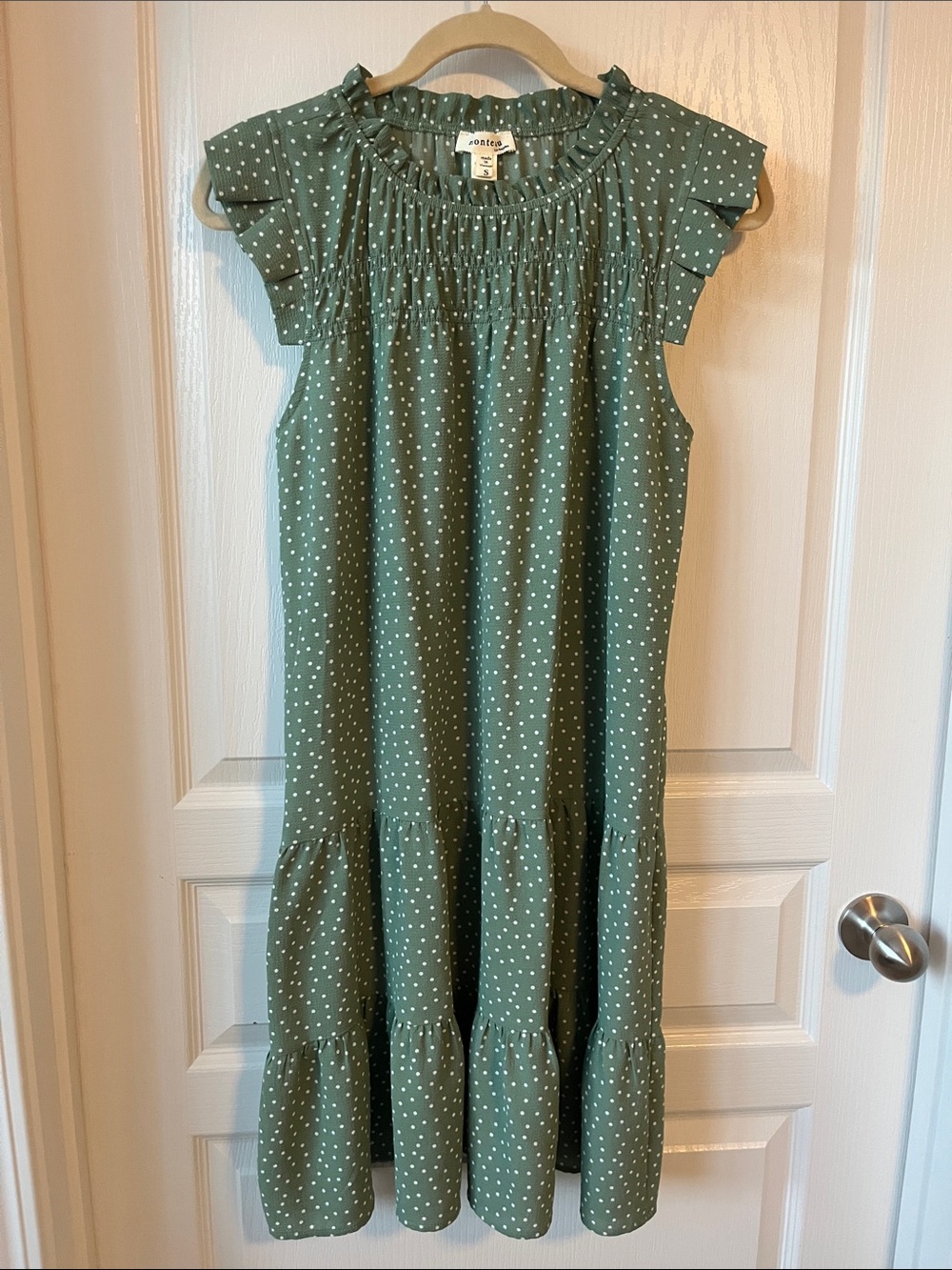 Monteau Green Polka Dot Smocked Tiered Dress Small